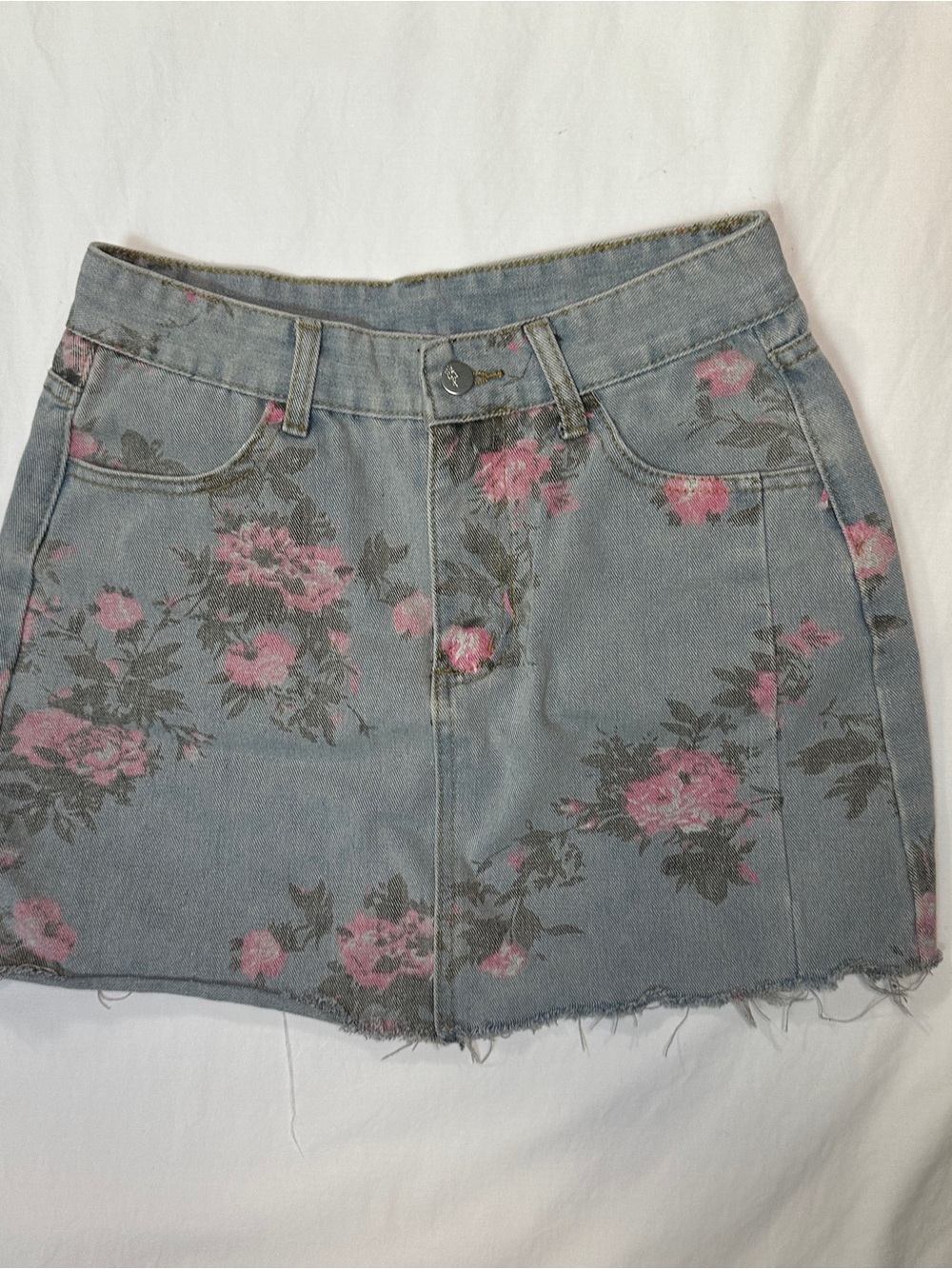 Pink Floral Denim Mini Skirt on Light Blue Wash - Picture 1 of 3